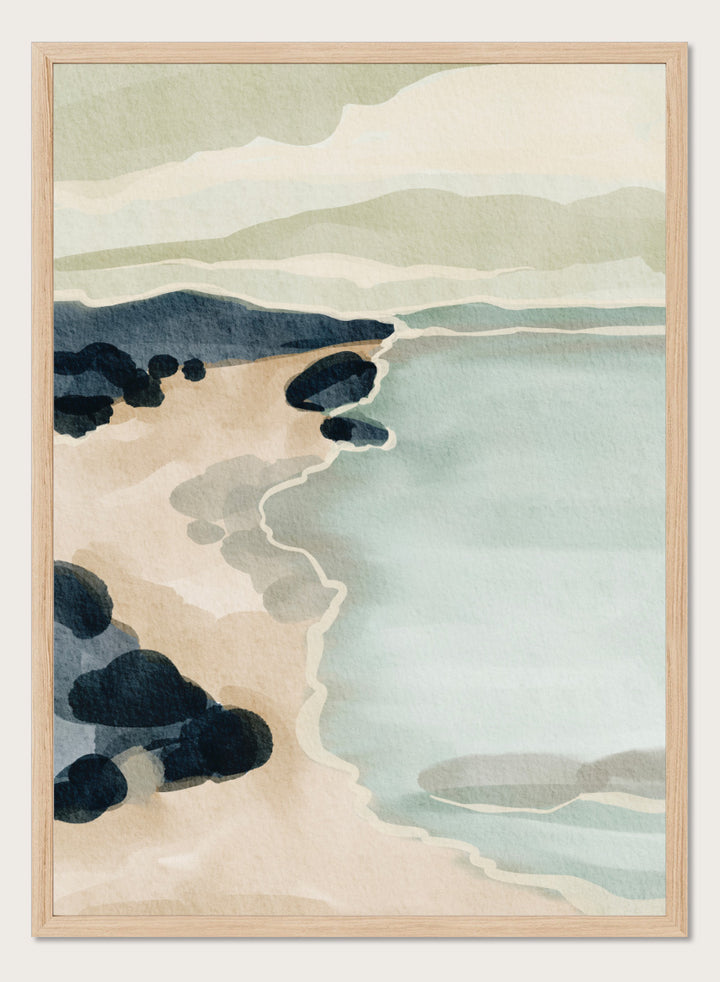Shop Coastal Serenity by Nikita Jariwala, a modern coastal wall art print featuring a soft shoreline, abstract seascape, rocky beach, and pale blue, sage, and cream tones.