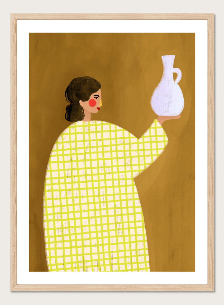 A framed art print featuring a stylized illustration of a woman in a yellow and white checkered dress holding a white jug against a warm brown background. Woman Holding Pottery by Bea Müller art print featuring a woman with a white ceramic jug, bold green checks, and warm mustard tones for modern decor.