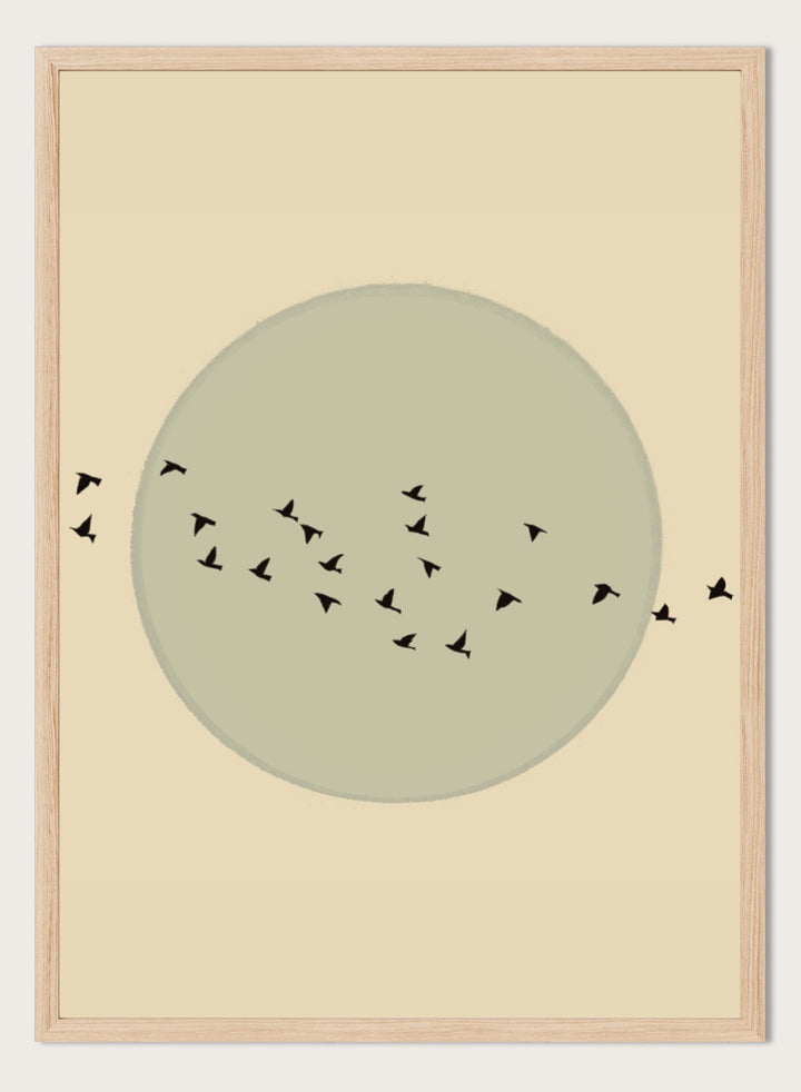 Minimalist art print featuring a large muted sage green circle centered on a warm beige background, with small black bird silhouettes flying around it. Flock Against The Moon by The Art Concept is a minimalist bird art print featuring black birds in flight across a pale green moon and warm cream background.