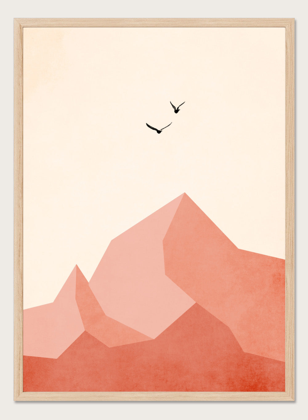 Abstract art print with geometric shapes and minimalistic birds on a beige background. Geometric mountain landscape art print with birds in flight by Kubistika. Warm terracotta illustration with minimalist design. Officially licensed wall poster.