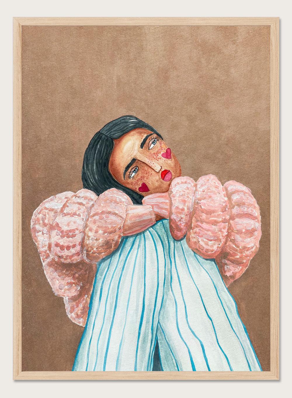 Artistic illustration of a person with large, textured sleeves against a brown background. Dreaming Girl by Raissa Oltmanns is a modern woman portrait art print with soft watercolor style, cozy pink jacket illustration, and contemporary wall poster.