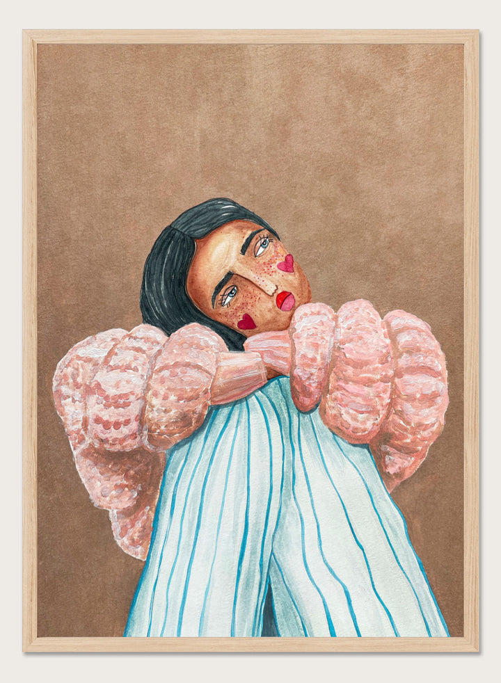 Artistic illustration of a person with large, textured sleeves against a brown background. Dreaming Girl by Raissa Oltmanns is a modern woman portrait art print with soft watercolor style, cozy pink jacket illustration, and contemporary wall poster.