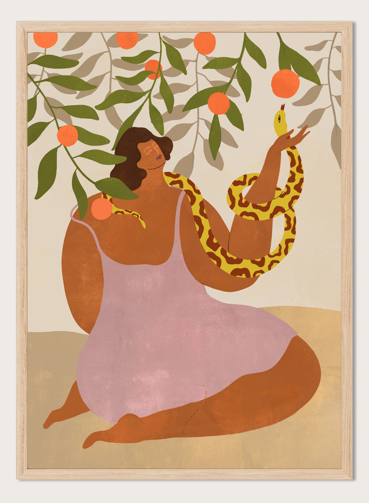 Illustration of a woman holding a snake with oranges and leaves in the background. Eden’s Embrace by Arty Guava art print featuring woman with snake under orange tree branches, tropical nature illustration, and vibrant contemporary wall art poster.