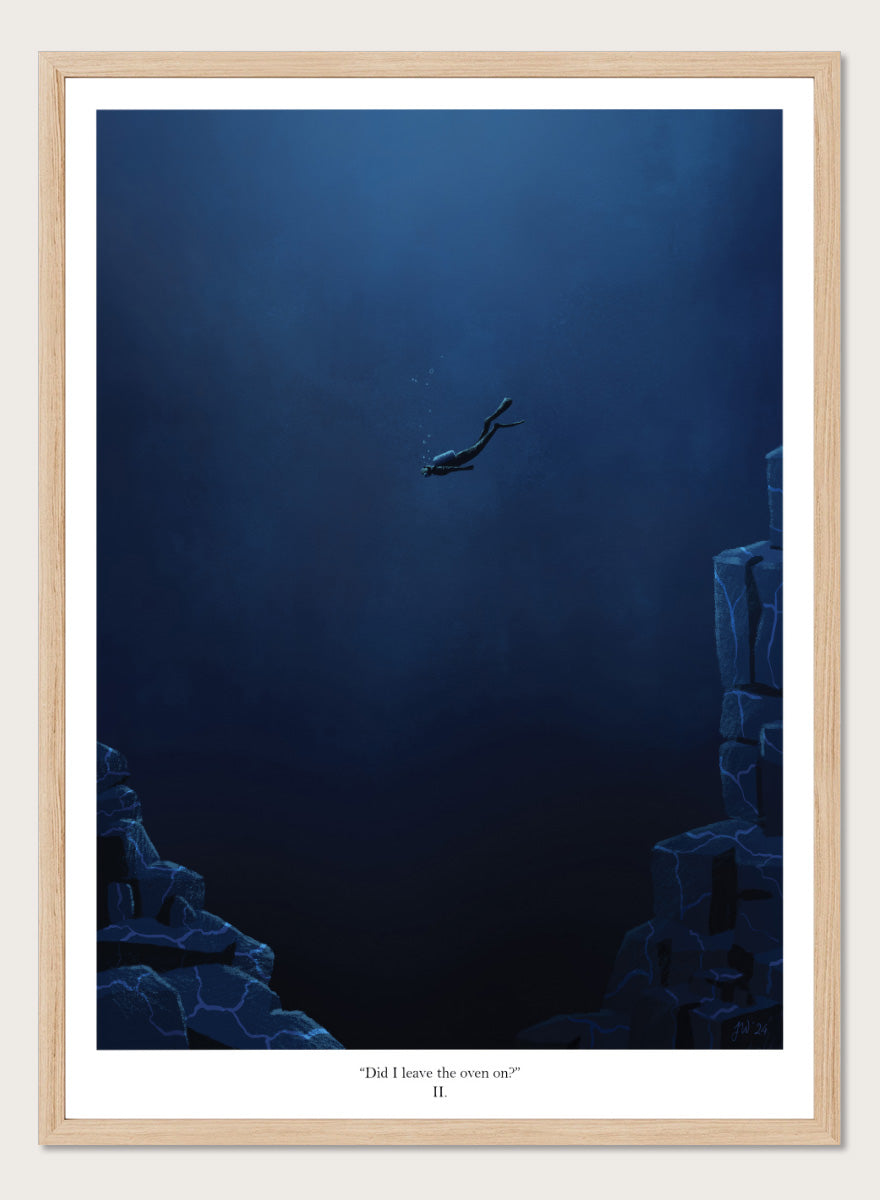 A framed art print featuring a dark blue underwater scene with a diver floating in the center, flanked by glowing blue rock formations. Shop Deep Blue Diver by Jake Waldron, a minimalist diving wall art print featuring a lone deep-sea diver, underwater cliffs, and dramatic navy blue tones.