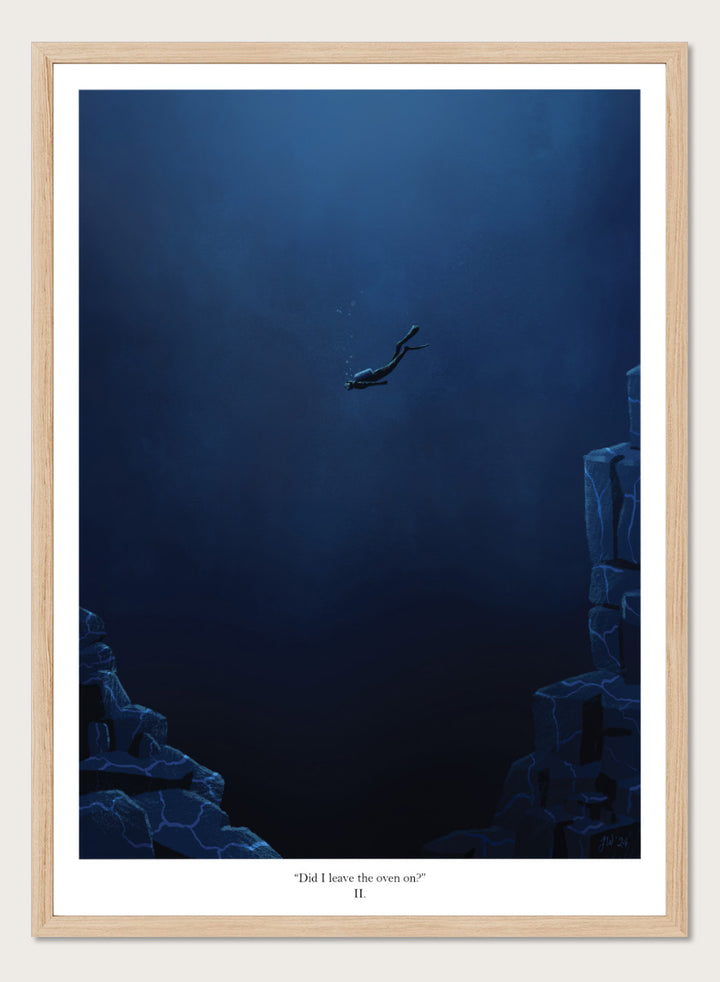 A framed art print featuring a dark blue underwater scene with a diver floating in the center, flanked by glowing blue rock formations. Shop Deep Blue Diver by Jake Waldron, a minimalist diving wall art print featuring a lone deep-sea diver, underwater cliffs, and dramatic navy blue tones.