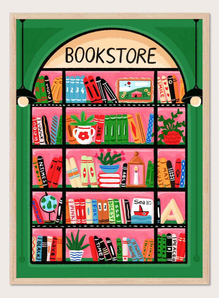 A colorful illustrated storefront sign for a bookstore, showing an arched window with shelves of books, plants, and small objects in bright pink, green, orange, blue, and yellow tones. Shop Charming Bookstore Shelf by Nidhi Kachhadiya, a colorful bookstore wall art print with bookshelves, plants, graphic shapes, and bold pink and green tones.