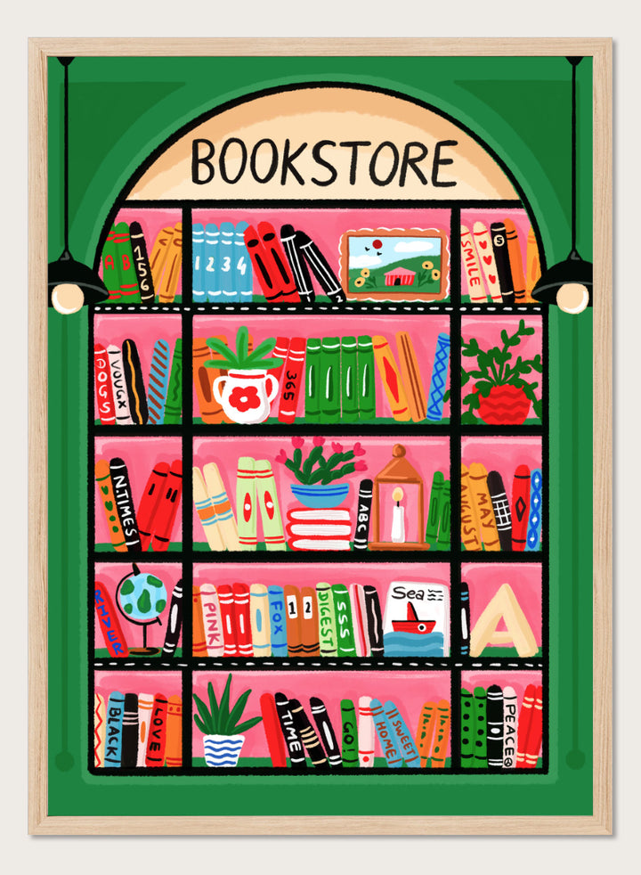 A colorful illustrated storefront sign for a bookstore, showing an arched window with shelves of books, plants, and small objects in bright pink, green, orange, blue, and yellow tones. Shop Charming Bookstore Shelf by Nidhi Kachhadiya, a colorful bookstore wall art print with bookshelves, plants, graphic shapes, and bold pink and green tones.