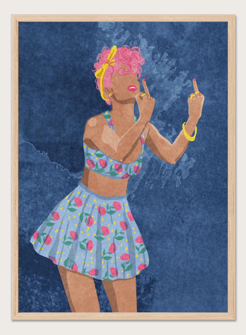 Illustration of a woman in a floral outfit against a blue textured background. Not Your Girl by Raissa Oltmanns is a modern woman portrait art print with a bold middle finger pose, floral outfit illustration, and statement wall poster style.