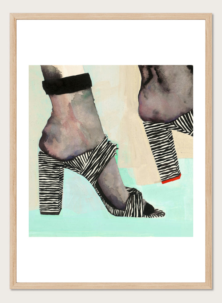 Shop Chic Zebra Heels by Sophia Novosel, a modern fashion wall art print poster featuring zebra-striped heels, bold black-and-white pattern, and a stylish cropped view.