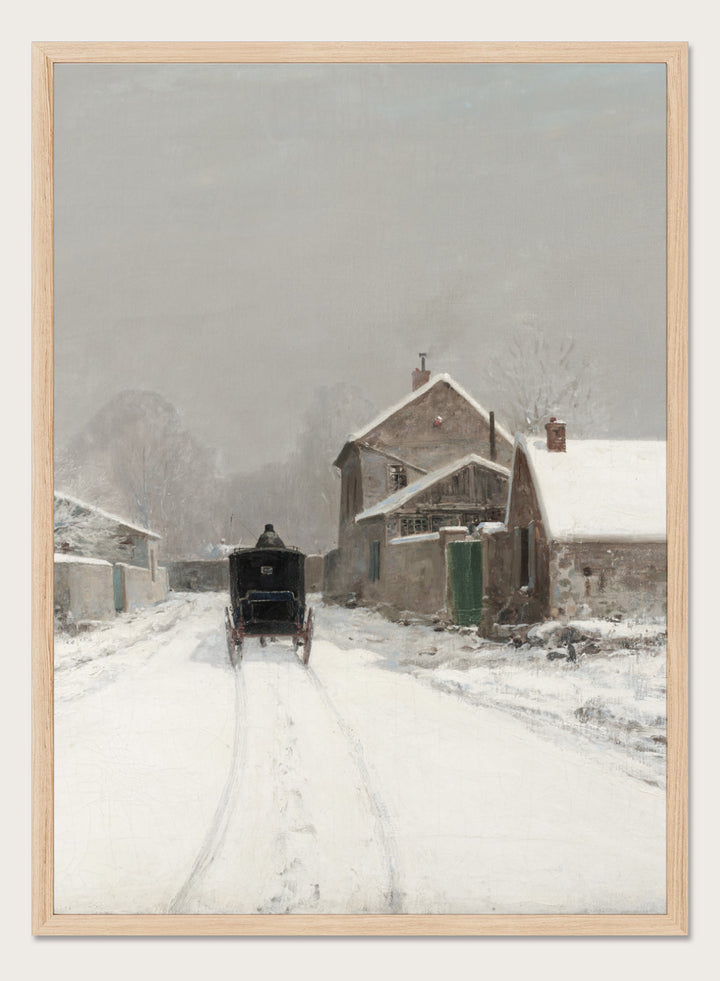 Featuring Luigi Loir's original vintage artwork "L'Avenue de Neuilly on a Winter Day", this vintage rustic Snow Village Town Winter Landscape wall art print poster showcases a classic rustic antique style that is perfect for any boho or modern farmhouse inspired space with muted or neutral colors. 