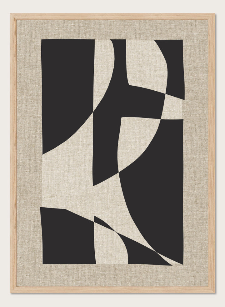 Abstract geometric wall art featuring bold black organic shapes over a warm beige linen-textured background. Shop Skära by Dan Hobday, a contemporary abstract wall art print featuring bold black geometric forms, curved shapes, and warm beige textured tones.