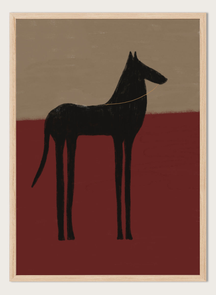 A stylized painting of a black dog silhouette standing in profile against a two-tone background with a beige upper half and a deep red lower half. Abstract Black Horse by The Art Concept animal art print featuring a tall black horse against deep red and muted taupe tones.