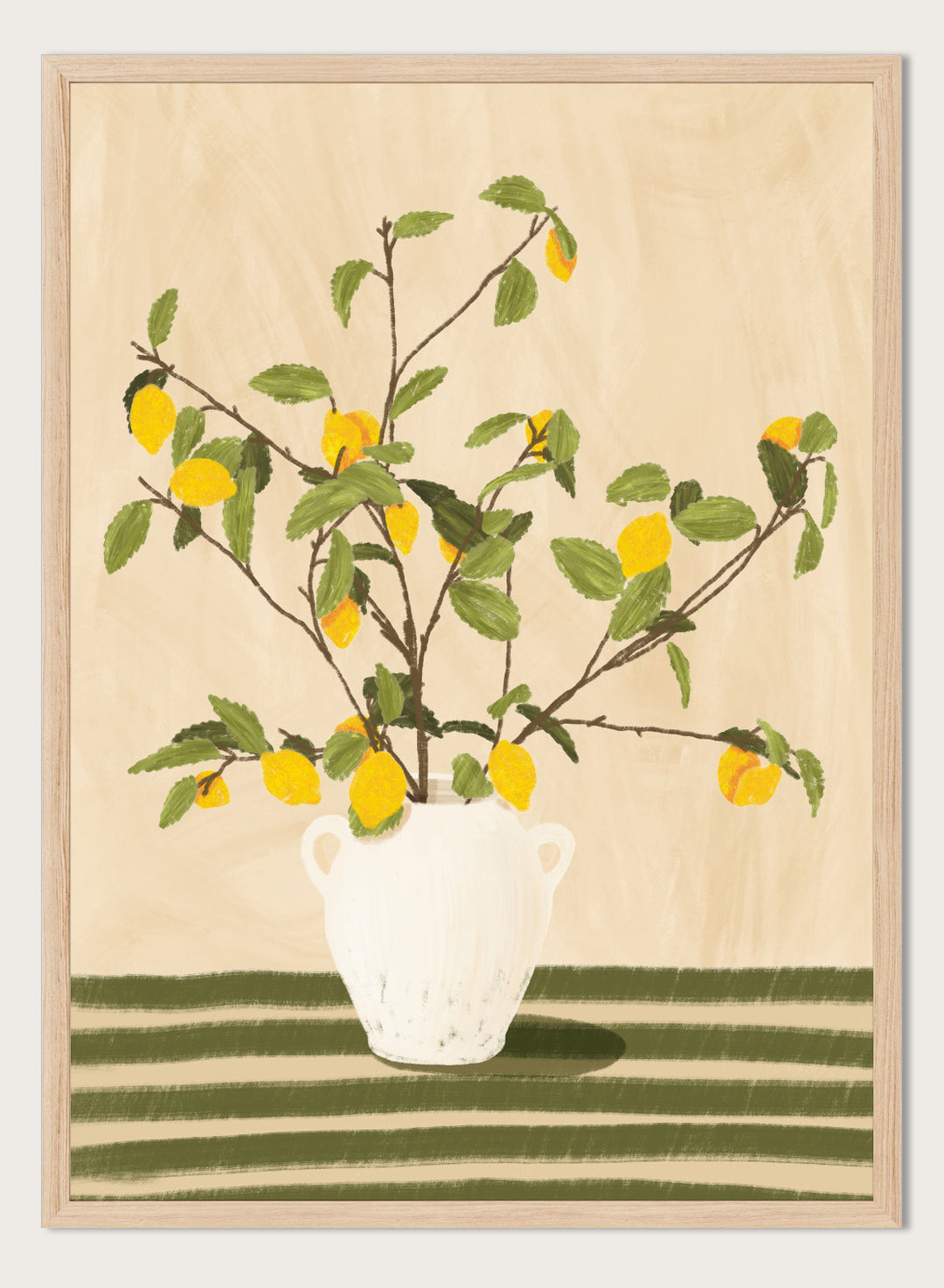 A framed still life artwork showing yellow lemons on leafy branches arranged in a white vase, set against a warm beige background with green horizontal stripes at the bottom. Lemon Tree Still Life by Lisa Solomoniuk premium framed fine art print featuring bright yellow lemons in a white vase on a striped green table.