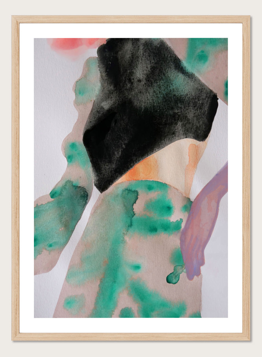 Shop Abstract Fashion Figure by Sophia Novosel, a modern figurative wall art print poster featuring a cropped woman, black top, and loose green and peach washes.