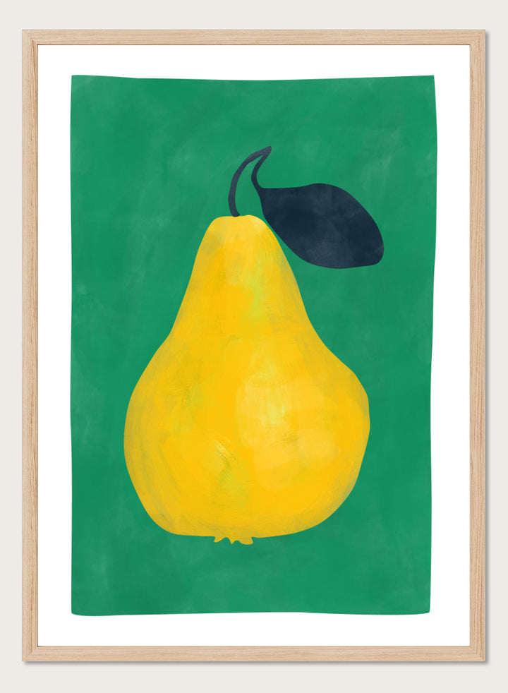 Shop Vibrant Yellow Pear by Elena Ristova, a colorful fruit wall art print poster featuring an oversized yellow pear, dark leaf, and rich green background.