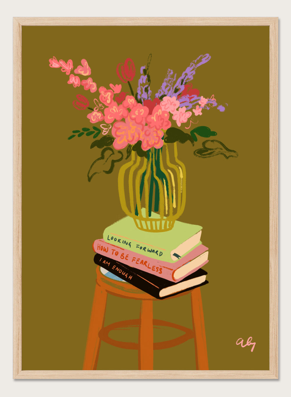 Vase with flowers on a stack of books on a stool against a green background. Floral Vase by Arty Guava is a modern flower still life art print with a striped vase and book stack. Officially licensed wall poster.
