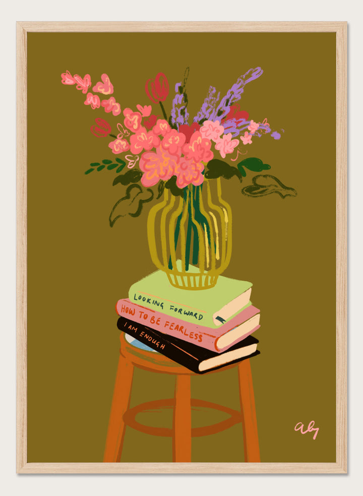 Vase with flowers on a stack of books on a stool against a green background. Floral Vase by Arty Guava is a modern flower still life art print with a striped vase and book stack. Officially licensed wall poster.