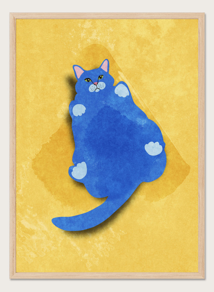 Blue cat illustration on a yellow textured background. Fat Cat by Raissa Oltmanns is a modern cat art print featuring a bold blue feline on yellow background in contemporary wall poster style.