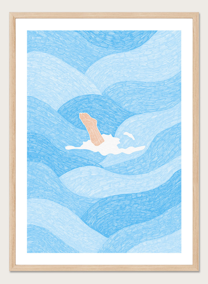 Illustration of a person swimming in blue water with a white border. Hand Reaching Blue Ocean by Rio Soléy is a modern coastal art print featuring swirling blue waves, minimalist illustration, playful design, and contemporary seaside charm.
