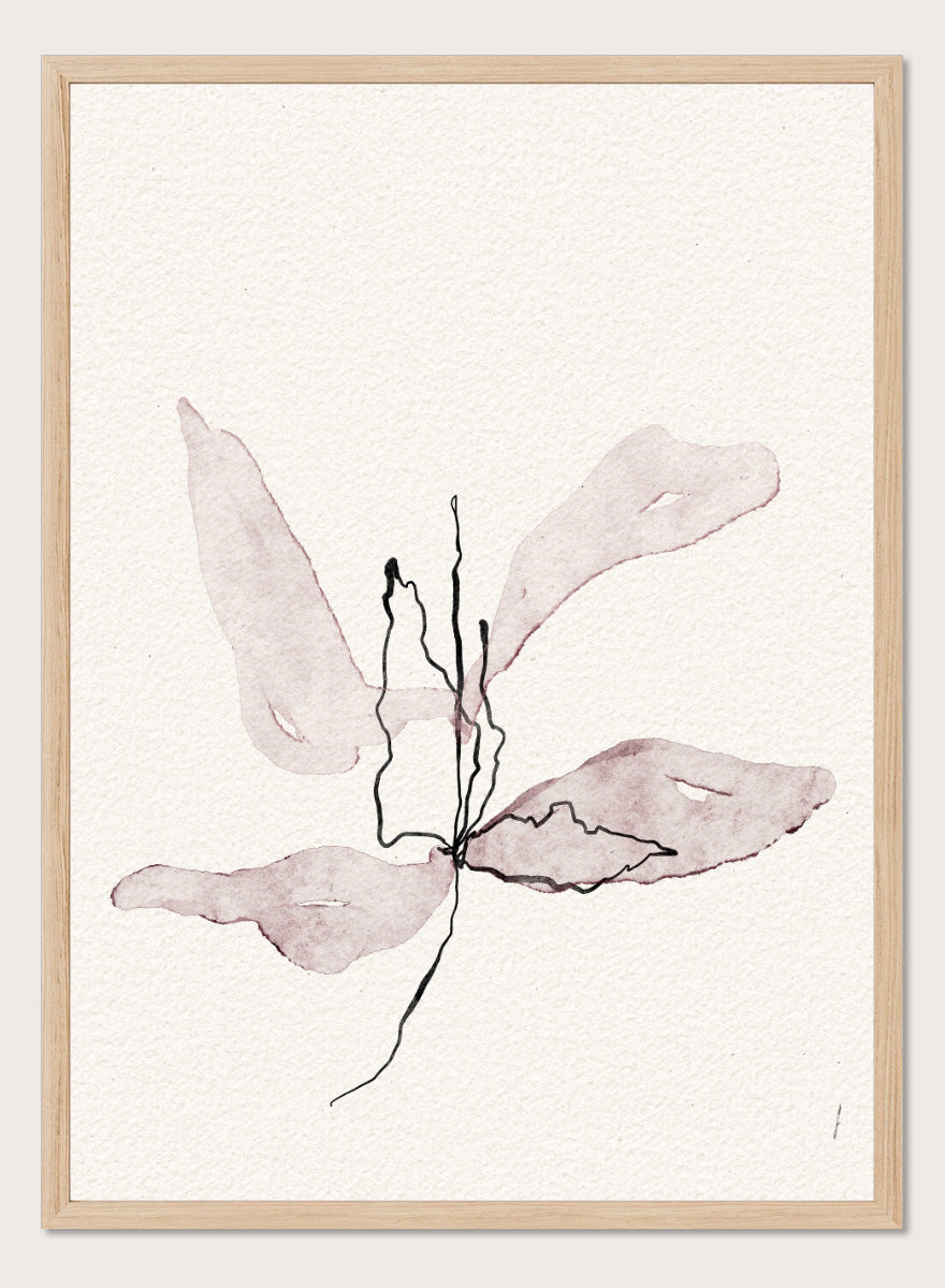 Abstract botanical art print featuring soft watercolor sepia and dusty rose leaf-like shapes with black sketch lines on textured off-white paper. Shop Delicate Botanical Bloom by Ankie Kooi, a modern floral wall art print poster with abstract flower art, minimalist linework, soft pink, cream, and black.