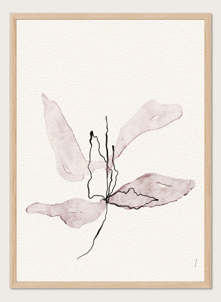 Abstract botanical art print featuring soft watercolor sepia and dusty rose leaf-like shapes with black sketch lines on textured off-white paper. Shop Delicate Botanical Bloom by Ankie Kooi, a modern floral wall art print poster with abstract flower art, minimalist linework, soft pink, cream, and black.