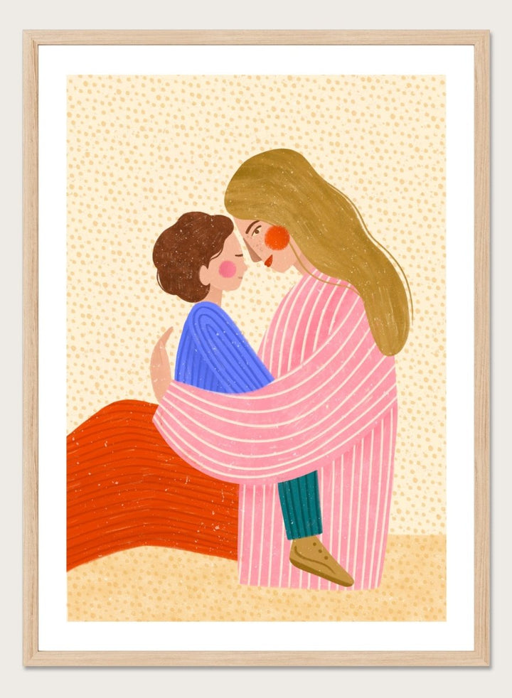 A framed art print featuring a stylized illustration of a woman in a pink striped robe embracing a child in a blue sweater. Loving Mother Child Embrace by Bea Müller premium framed fine art print featuring a mother holding her child close in warm, colorful tones.