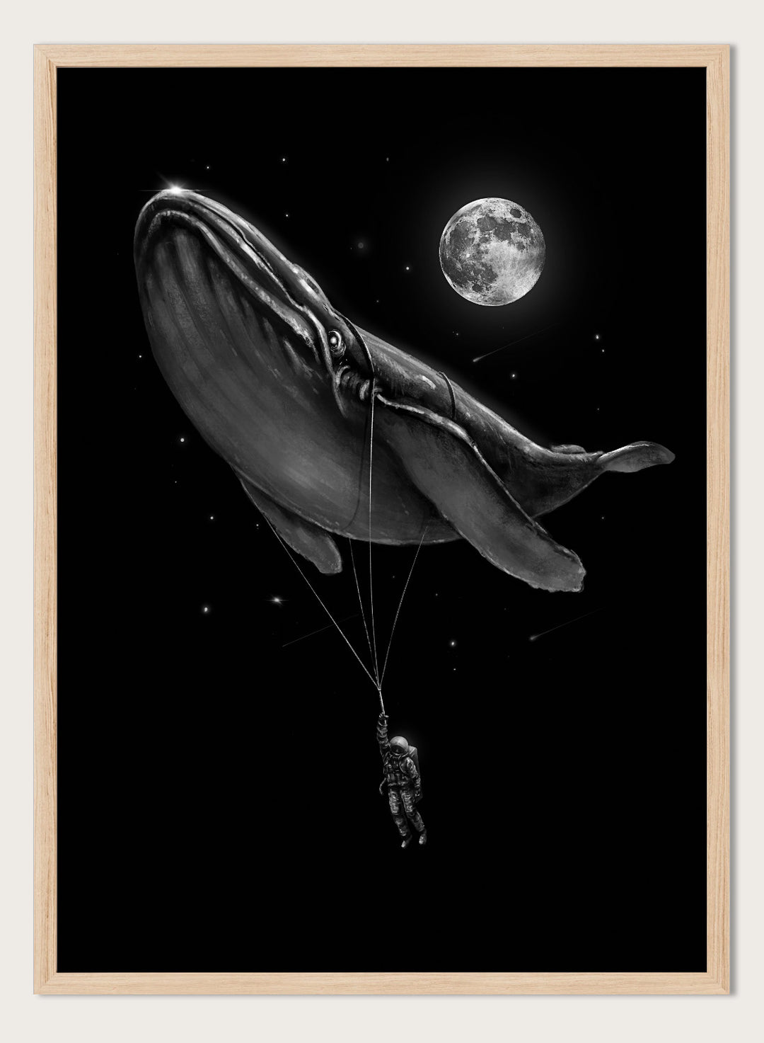 Black and white illustration of a large whale balloon with a person attached, set against a starry night sky with a moon. Cosmic Whale Ride by Nicebleed is a surreal space art print featuring an astronaut hanging from a floating whale, modern aesthetic wall poster.
