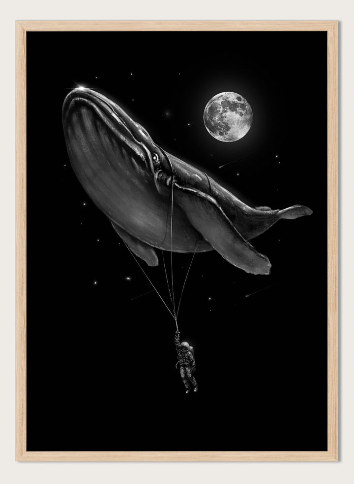 Black and white illustration of a large whale balloon with a person attached, set against a starry night sky with a moon. Cosmic Whale Ride by Nicebleed is a surreal space art print featuring an astronaut hanging from a floating whale, modern aesthetic wall poster.