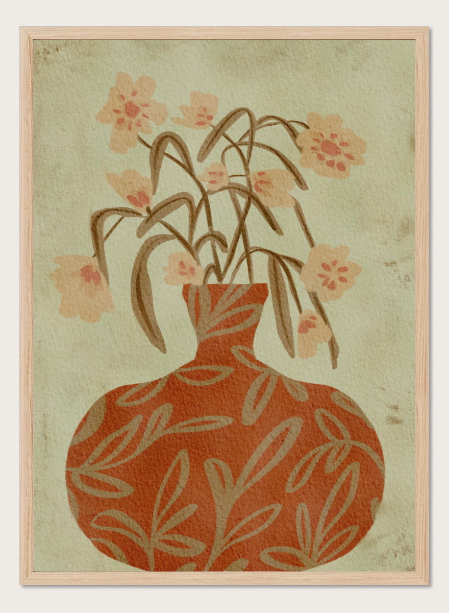Shop Terracotta Vase Blossoms by Nikita Jariwala, a botanical wall art print featuring a terracotta vase, soft florals, and warm earthy rust and sage tones.