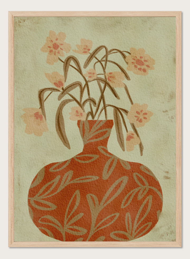 Shop Terracotta Vase Blossoms by Nikita Jariwala, a botanical wall art print featuring a terracotta vase, soft florals, and warm earthy rust and sage tones.
