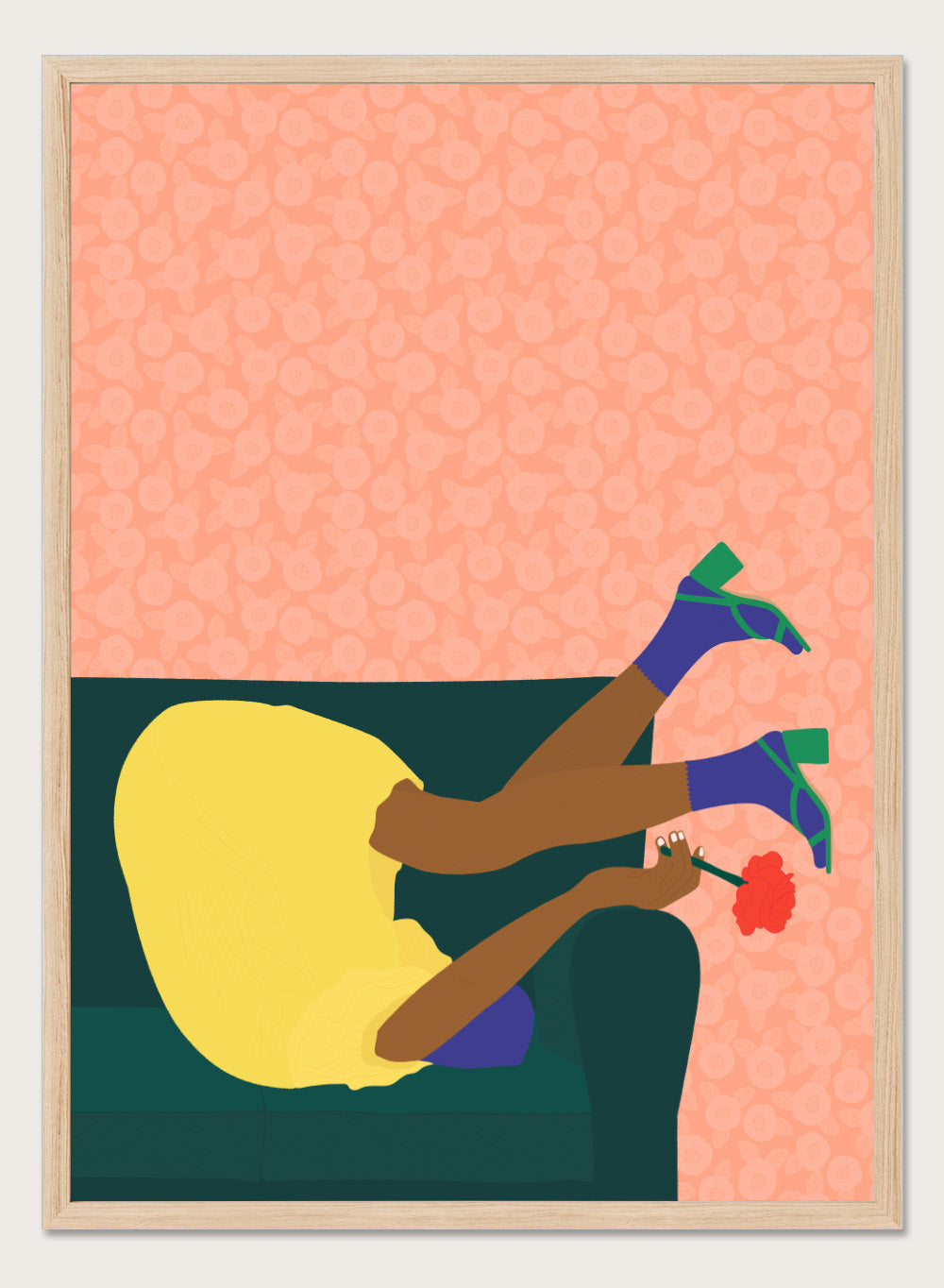 Illustration of a person sitting on a couch with a flower, against a patterned pink background. New Year’s Eve by Jota De Jai is a playful modern fine art print of a woman upside down on a couch in heels and a yellow dress. Available framed or unframed.