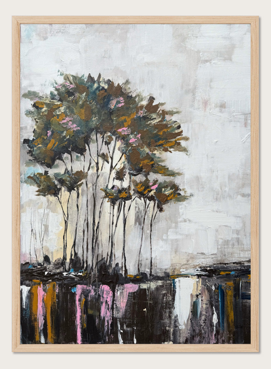 Shop Tranquil Tree Reflections by Helena Ryhle, a modern landscape wall art print poster featuring tall trees, mirrored water, and expressive reflections.