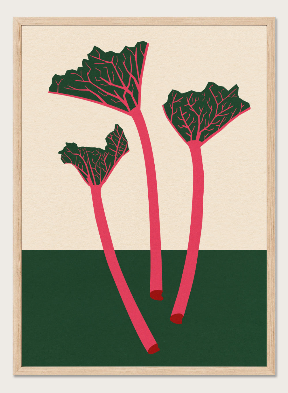 Illustration of red rhubarb stalks with green leaves on a beige and green background. Swedish Garden Rhubarb by Rosi Feist is a modern botanical art print with bold minimalist color and Bauhaus-inspired design. Officially licensed fine art poster with framing.