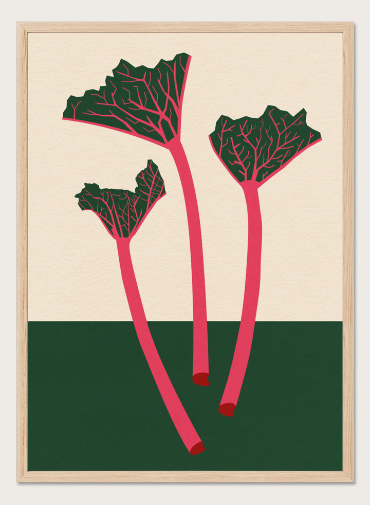 Illustration of red rhubarb stalks with green leaves on a beige and green background. Swedish Garden Rhubarb by Rosi Feist is a modern botanical art print with bold minimalist color and Bauhaus-inspired design. Officially licensed fine art poster with framing.