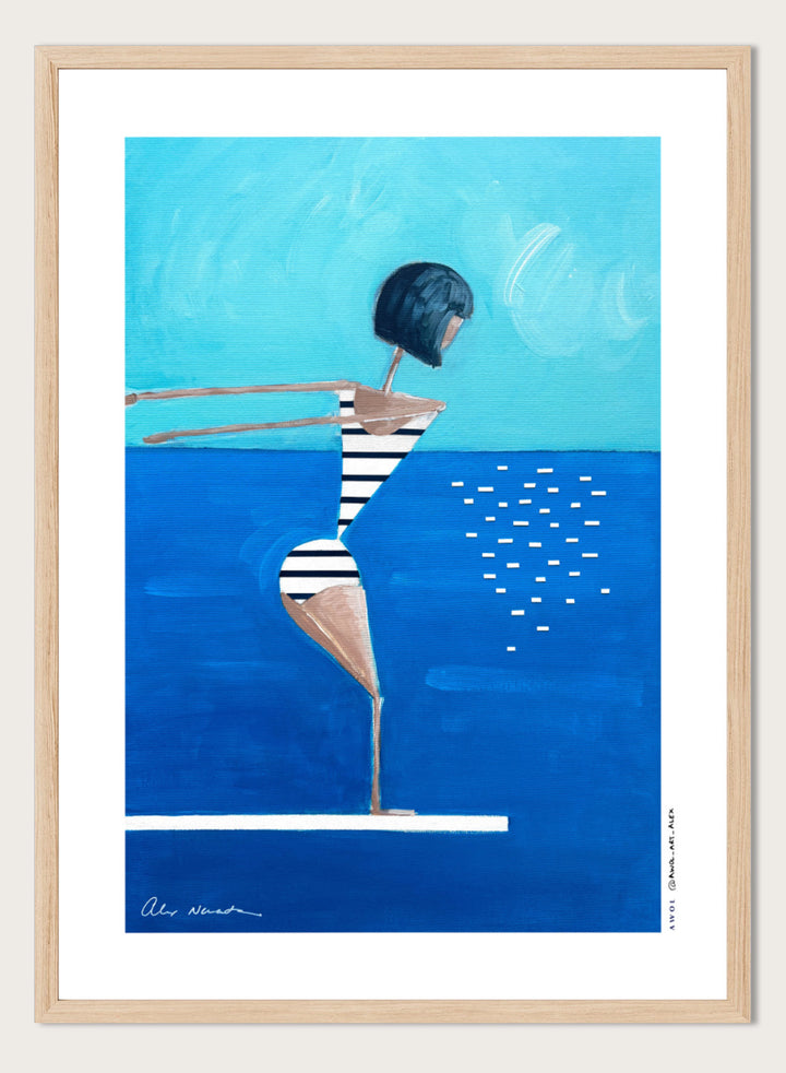 Summer Pool Diver by Awol Art Alex is a playful modern art print featuring a striped swimmer, bright blue water, and retro summer style.
