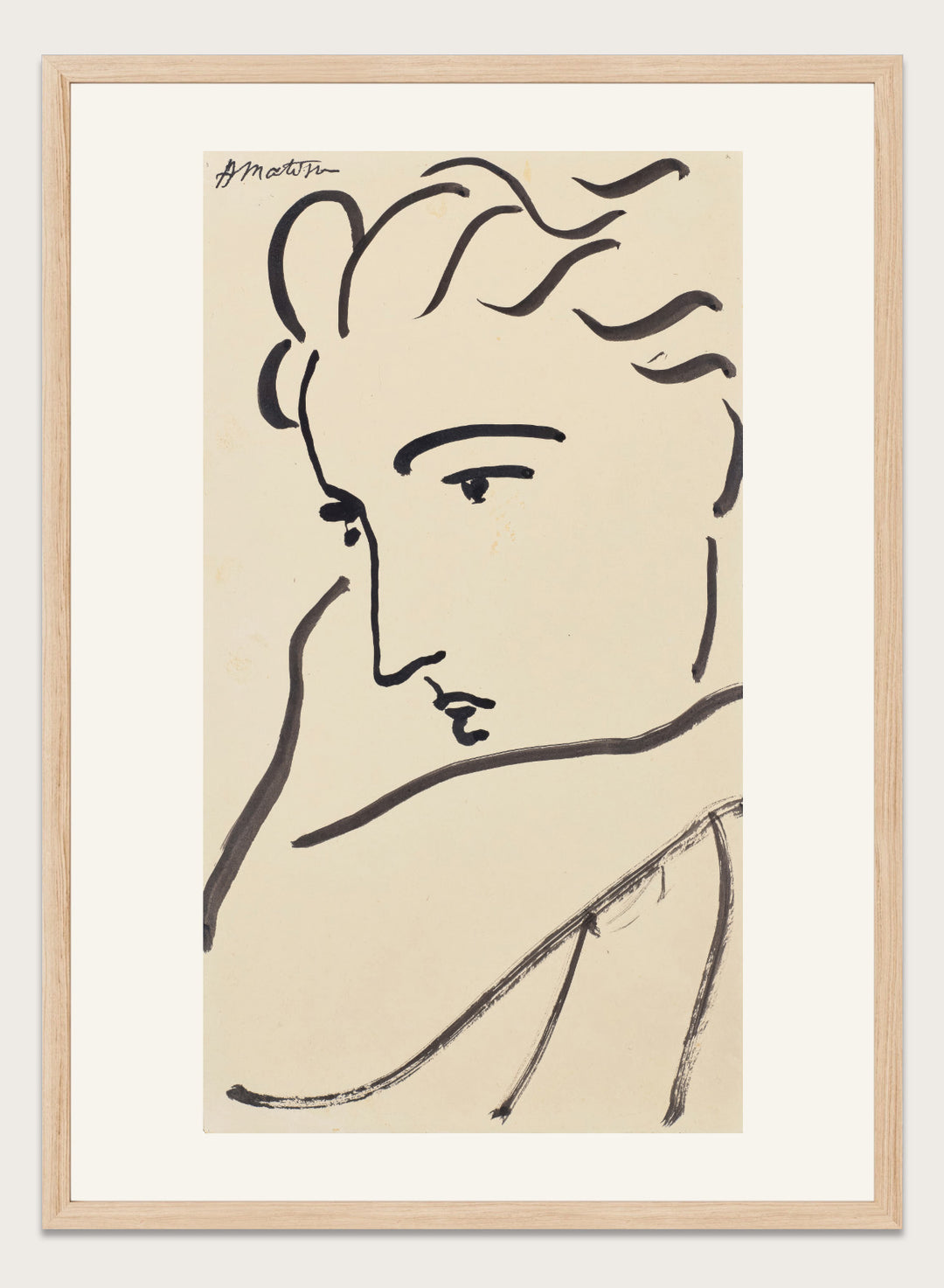 Artistic line drawing of a profiled face on beige paper. Profil de femme by Henri Matisse is a minimalist portrait art print featuring expressive black linework, modern French design, and elegant abstract simplicity.