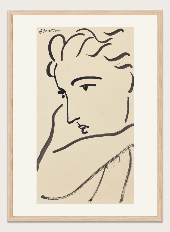 Artistic line drawing of a profiled face on beige paper. Profil de femme by Henri Matisse is a minimalist portrait art print featuring expressive black linework, modern French design, and elegant abstract simplicity.