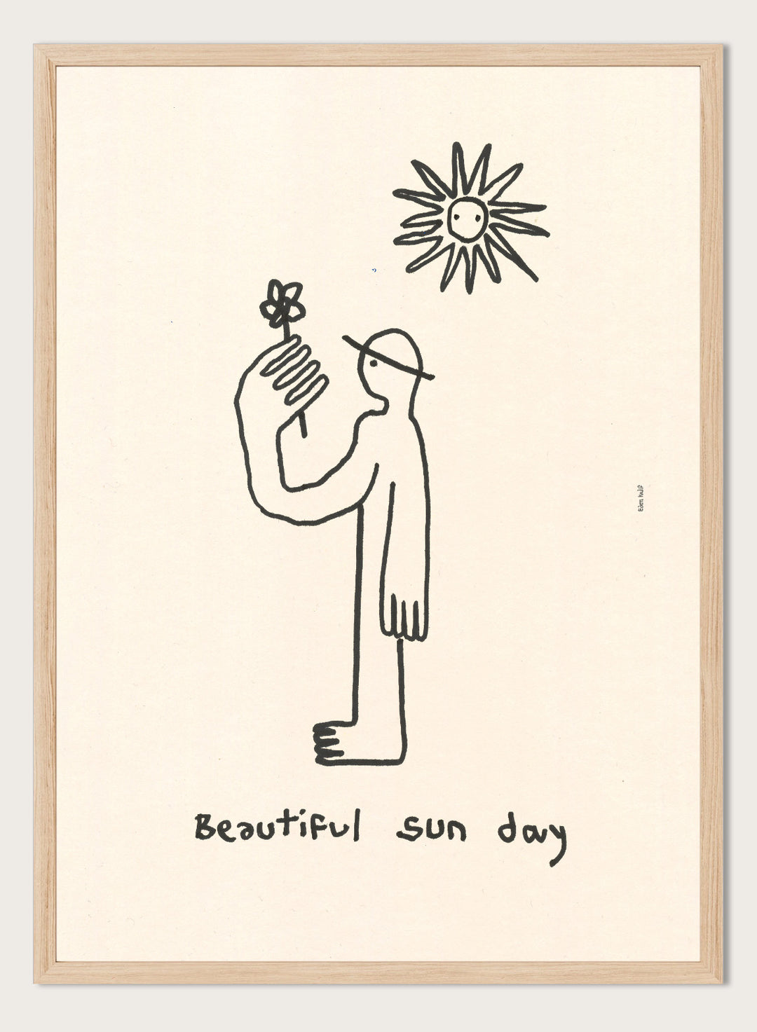 Black line drawing of a person with a flower and a sun, with 'Beautiful sun day' text on a beige background. Untitled by Eden Kalif is a modern line art print of a figure holding a flower under the sun, a contemporary minimalist wall poster with simple expressive drawing.