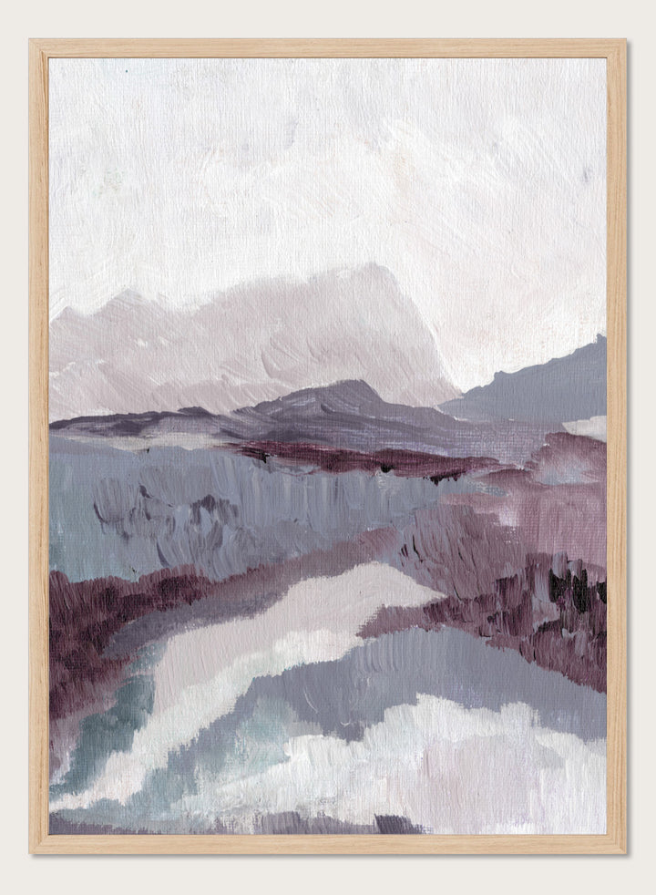 Shop Muted Mountain Landscape by Nikita Jariwala, an abstract mountain wall art print poster featuring misty peaks, layered scenery, and soft purple tones.