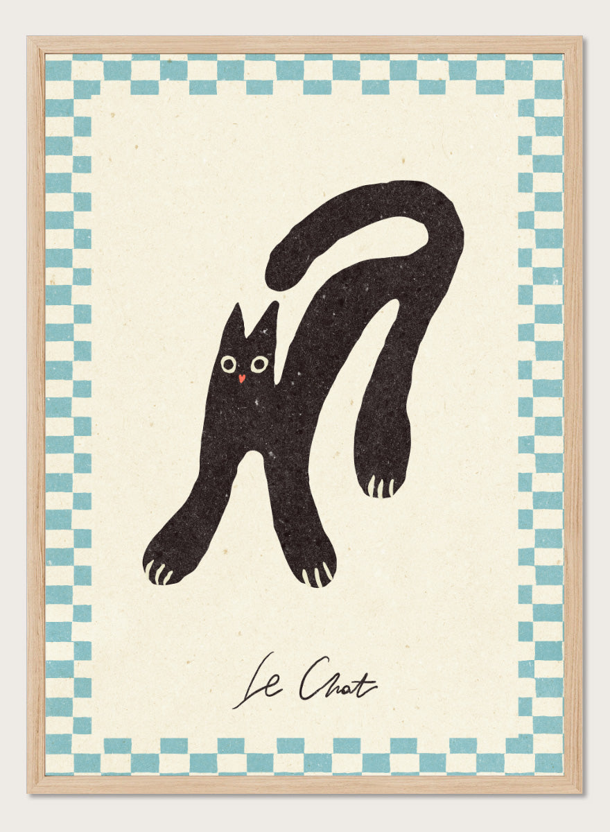 Shop Le Chat by NKTN, a playful black cat wall art print poster featuring a quirky stretched cat, checkerboard border, and vintage-inspired graphic style.