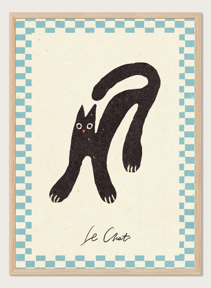 Shop Le Chat by NKTN, a playful black cat wall art print poster featuring a quirky stretched cat, checkerboard border, and vintage-inspired graphic style.
