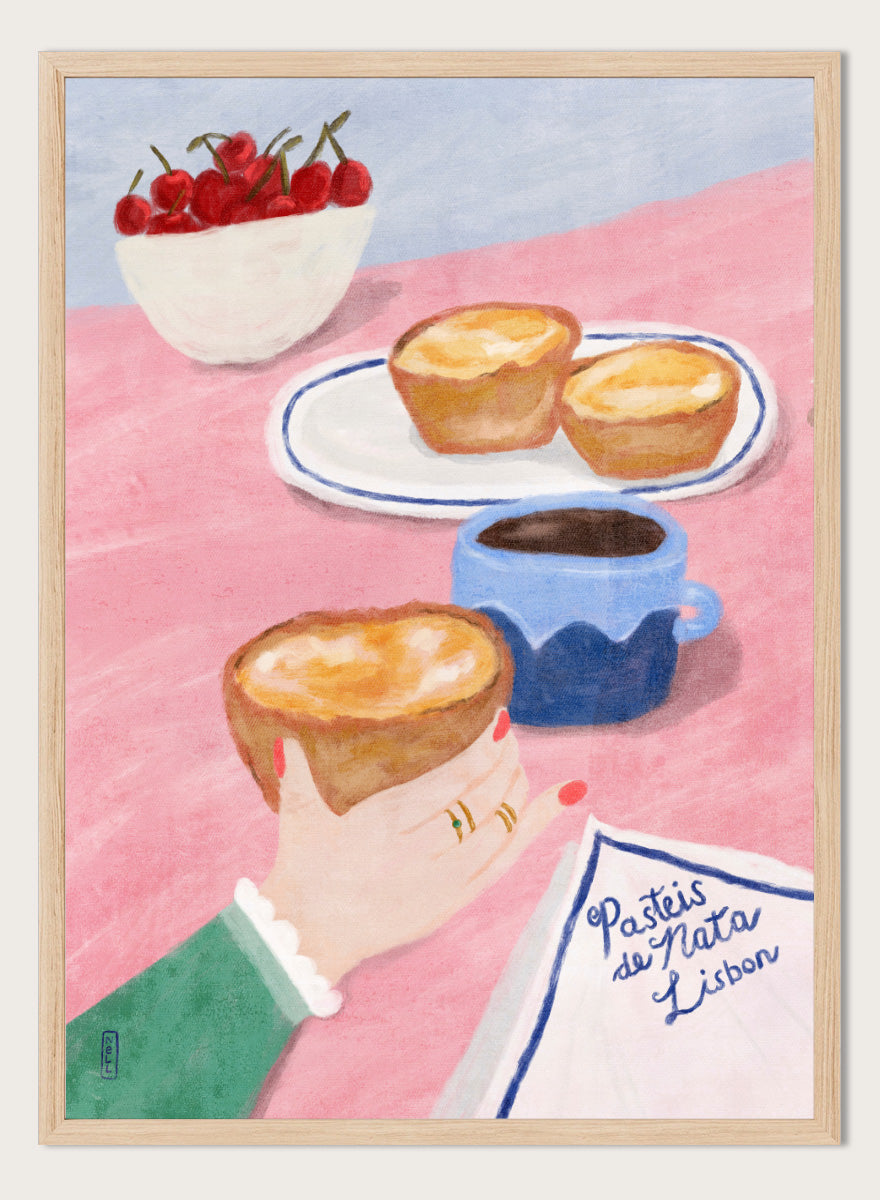 A stylized illustrated scene showing a hand holding a pastry, with two pastries on a plate, a cup of coffee, a bowl of cherries, and a napkin reading &