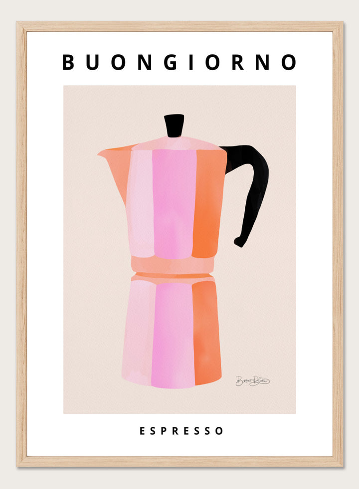 Colorful pink striped coffee maker with 'Buongiorno Espresso' text on a beige background. Buongiorno Espresso by Baroo Bloom is a modern coffee art print featuring a colorful moka pot illustration. Officially licensed wall poster with optional framing.