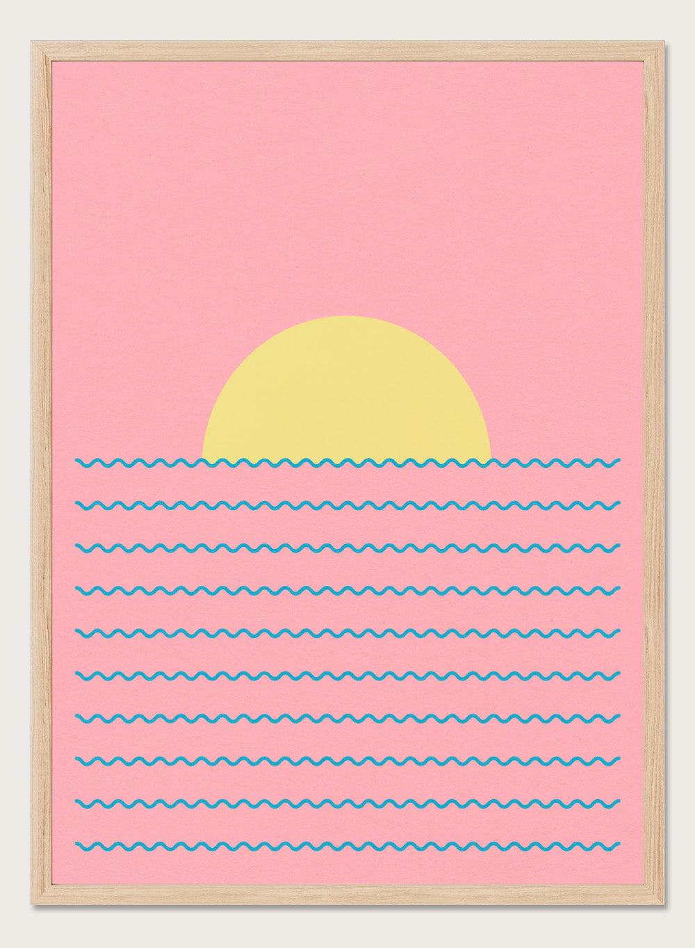 Simplified illustration of a sunset over water with blue waves on a pink background. Every Day the Sun Rises by Rosi Feist is a minimalist sun and waves art print with pink sky. Officially licensed modern poster with framing.