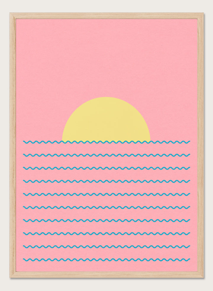 Simplified illustration of a sunset over water with blue waves on a pink background. Every Day the Sun Rises by Rosi Feist is a minimalist sun and waves art print with pink sky. Officially licensed modern poster with framing.