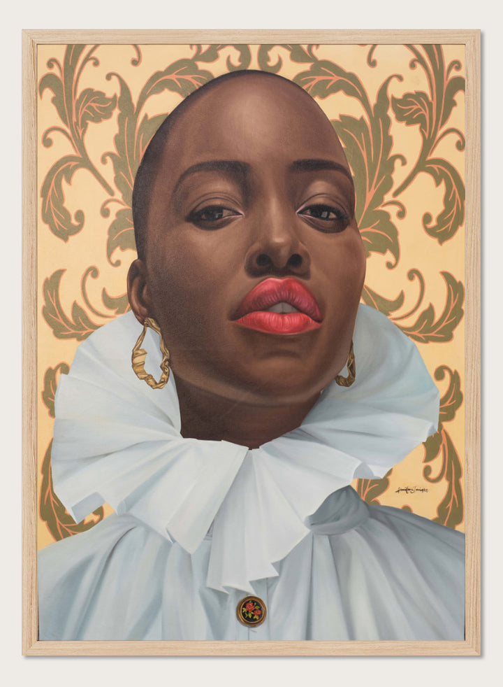 A portrait-style artwork of a person with a shaved head, wearing a large white ruffled collar and gold hoop earrings, set against an ornate beige and olive damask pattern. Shop Regal Woman Ruffled Collar by Damilare Jamiu, a contemporary Black portrait art print with a dramatic white collar, gold earrings, and warm cream tones.