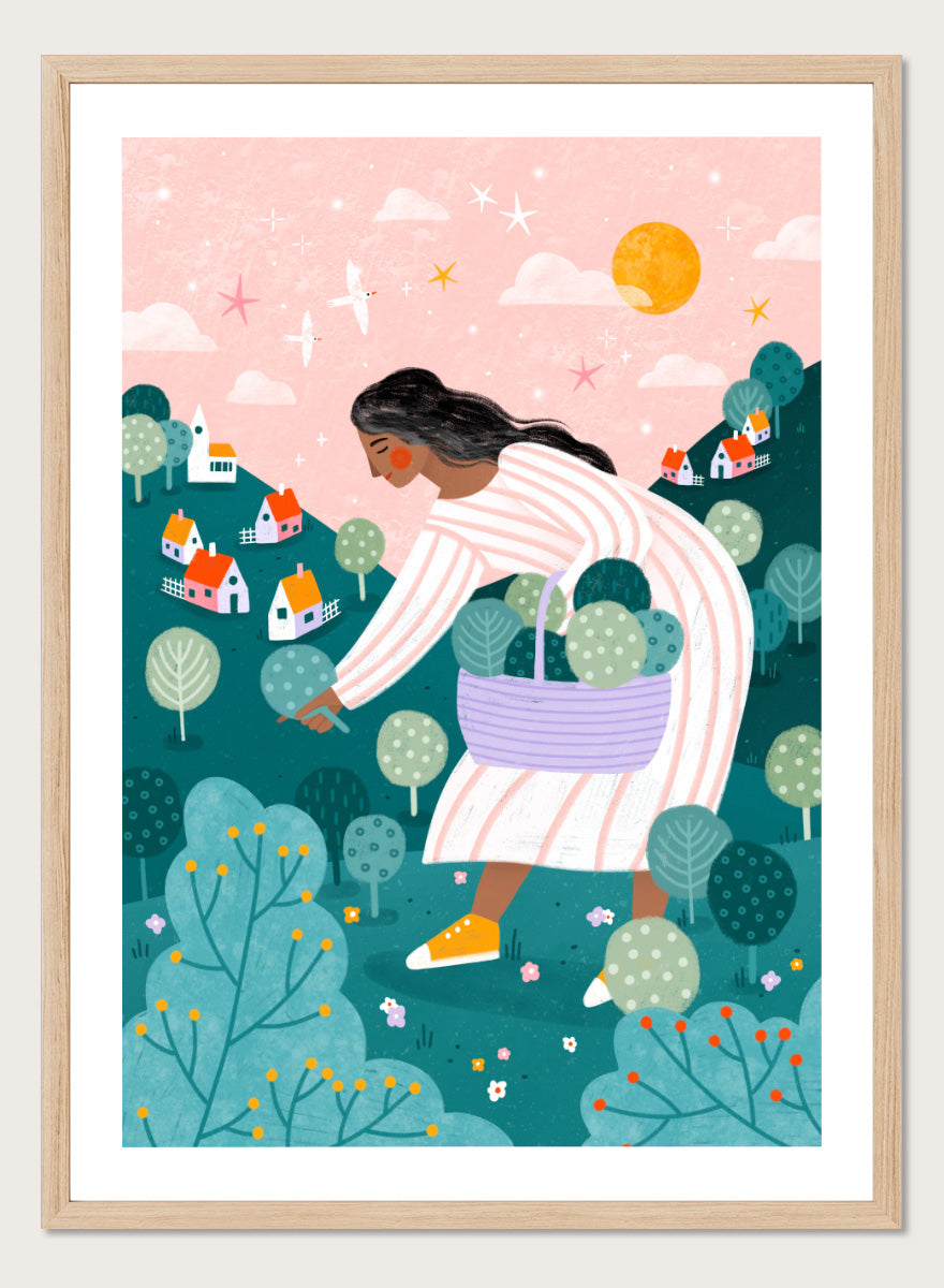Shop Idyllic Village Gathering by Bea Müller, a figurative wall art print poster featuring a woman in a whimsical village landscape beneath a pink sky.