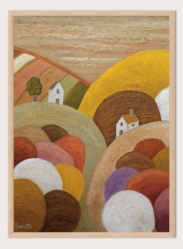Shop Colorful Hillside Village by Angeles M. Pomata, an autumn landscape art print featuring rounded hills, tiny white houses, earthy tones, and rich oil texture.