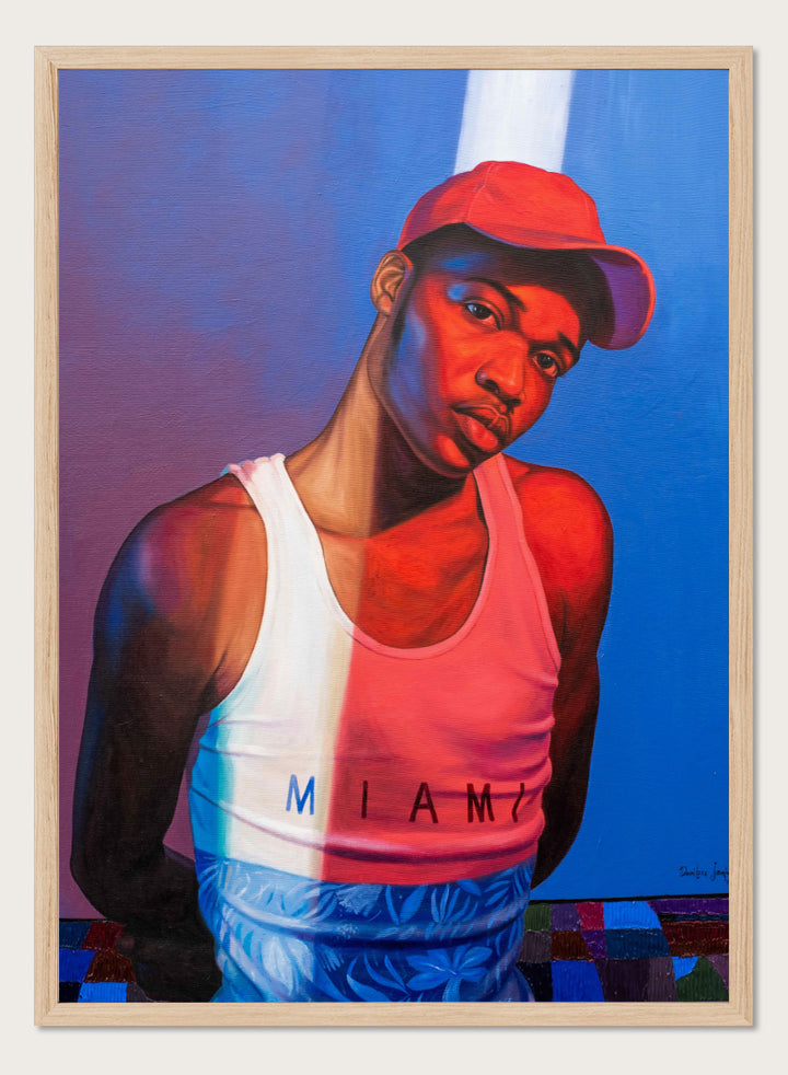 A stylized portrait painting of a man wearing a red cap, a white tank top with &