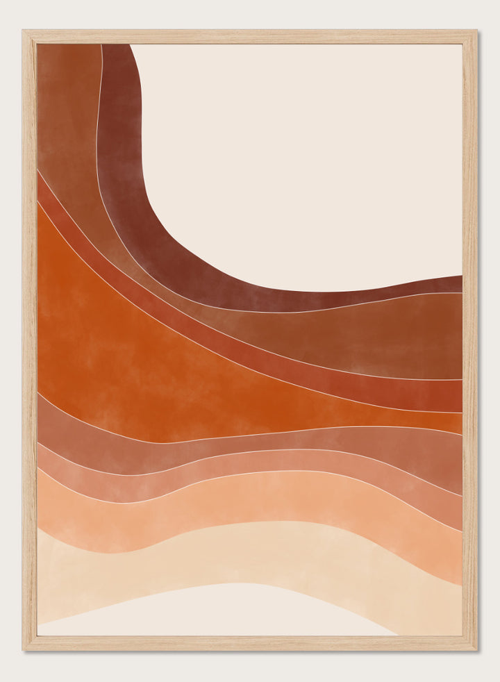 Shop Warm Desert Layers No.2 by Elena Ristova, a modern desert wall art print poster featuring flowing rust, peach, cream, and warm earthy layered shapes.